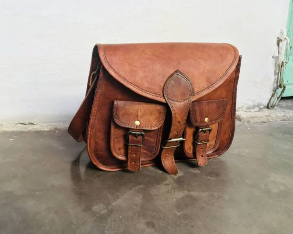 13" Handmade Goat Original Genuine Vintage Brown Leather Purse, Handbag,Satchel With 2 Front Pockets,Best Gift For Women tote bag saddle bag - Image 5