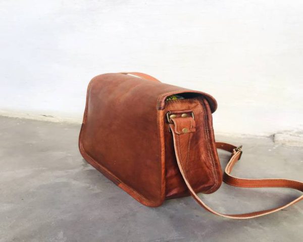 13" Handmade Goat Original Genuine Vintage Brown Leather Purse, Handbag,Satchel With 2 Front Pockets,Best Gift For Women tote bag saddle bag - Image 7