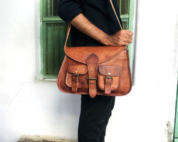 13" Handmade Goat Original Genuine Vintage Brown Leather Purse, Handbag,Satchel With 2 Front Pockets,Best Gift For Women tote bag saddle bag - Image 8