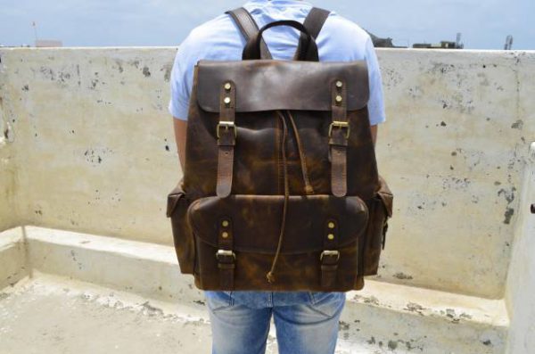 18" Personalized Handmade Large Leather Backpack, Travel Rucksack, Weekend Bag For Men & Women Best Gift vintage backpack gift for men - Image 9