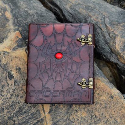 Personalised Spiderman Handmade Leather Journal, Leather Sketchbook, Refill Diary, Journal Cover With Stone & Lock, Father’s Day Gifts