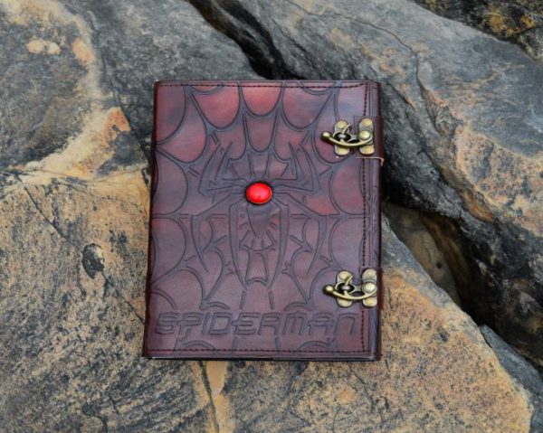 Personalised Spiderman Handmade Leather Journal, Leather Sketchbook, Refill Diary, Journal Cover With Stone & Lock, Father's Day Gifts