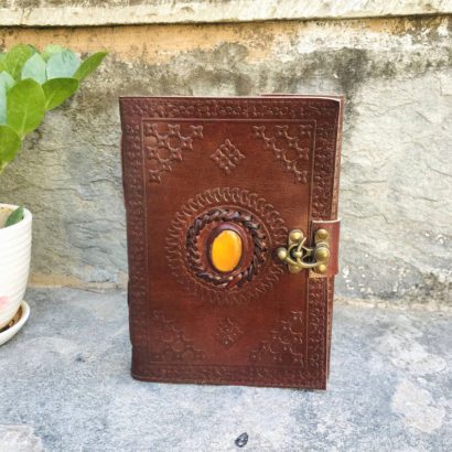 Handmade Goat Leather Journal, Leather Sketchbook, Refillable Diary, Embossed Journal Cover With Stone Lock, Newspaper Best Valentine Gift